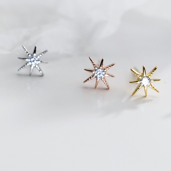 NWT Sterling Silver Star Sun Earring | Pretty Minimal Small Dainty Stone Classic - Picture 4 of 4